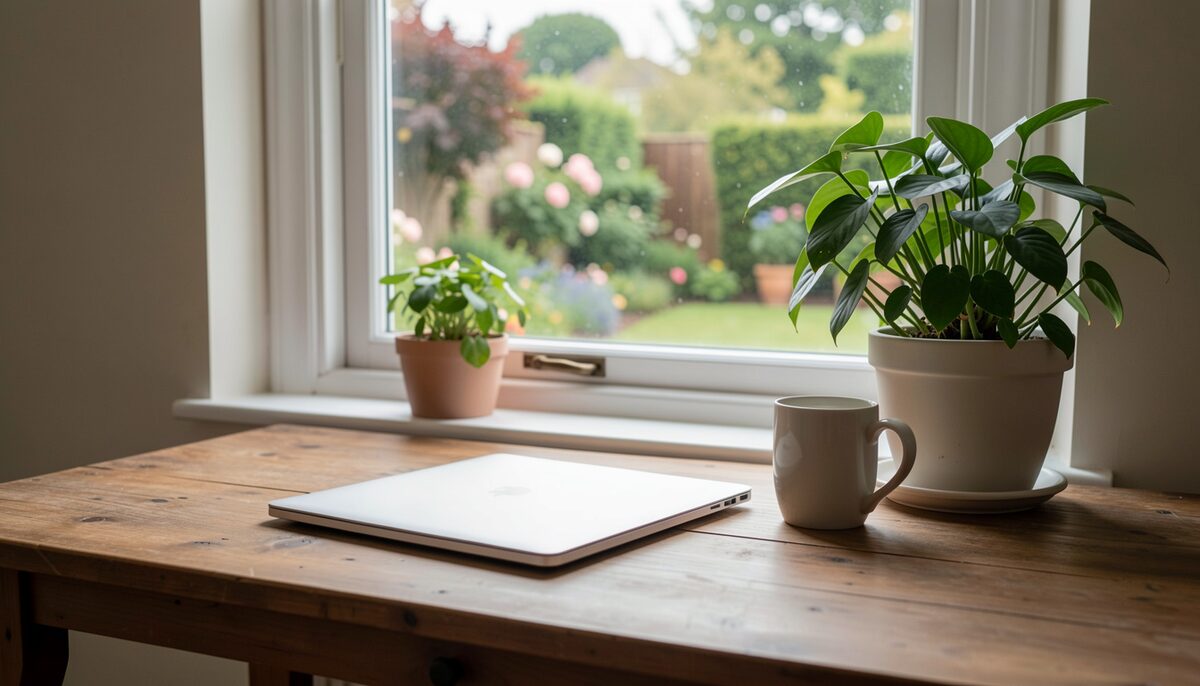 A cozy home desk with a closed laptop, a coffee mug and a plant beside a window overlooking a garden.