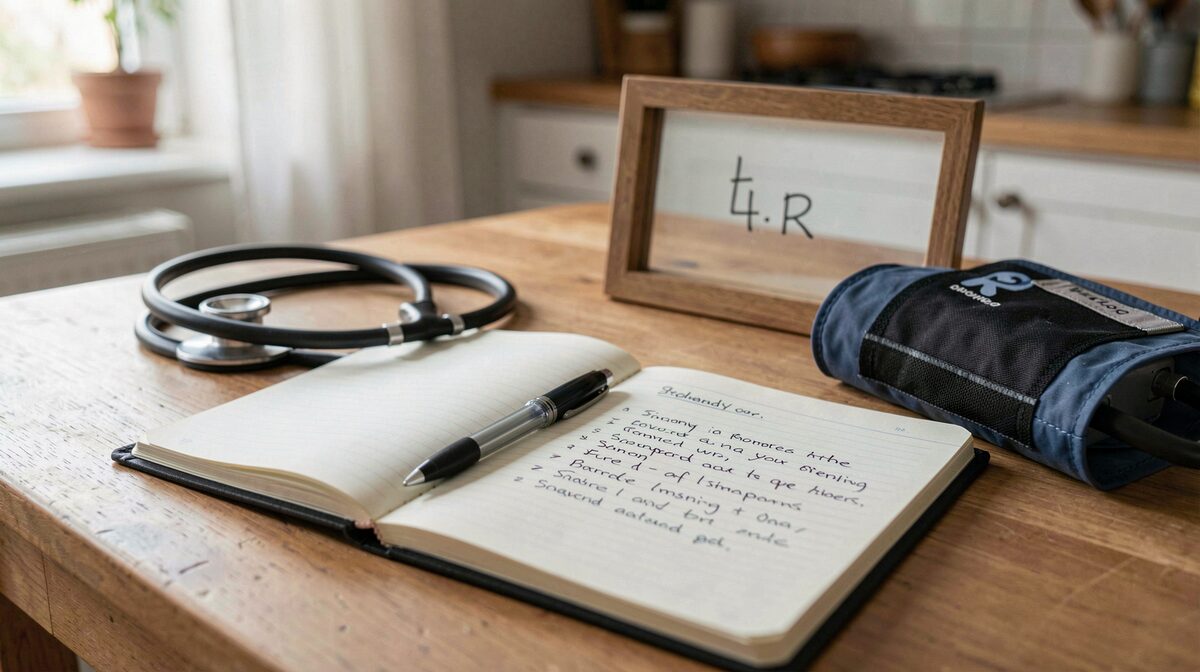 A kitchen table in soft morning light with a notebook, a pen, a blood pressure cuff and a list of symptoms written by hand, framed close-up.