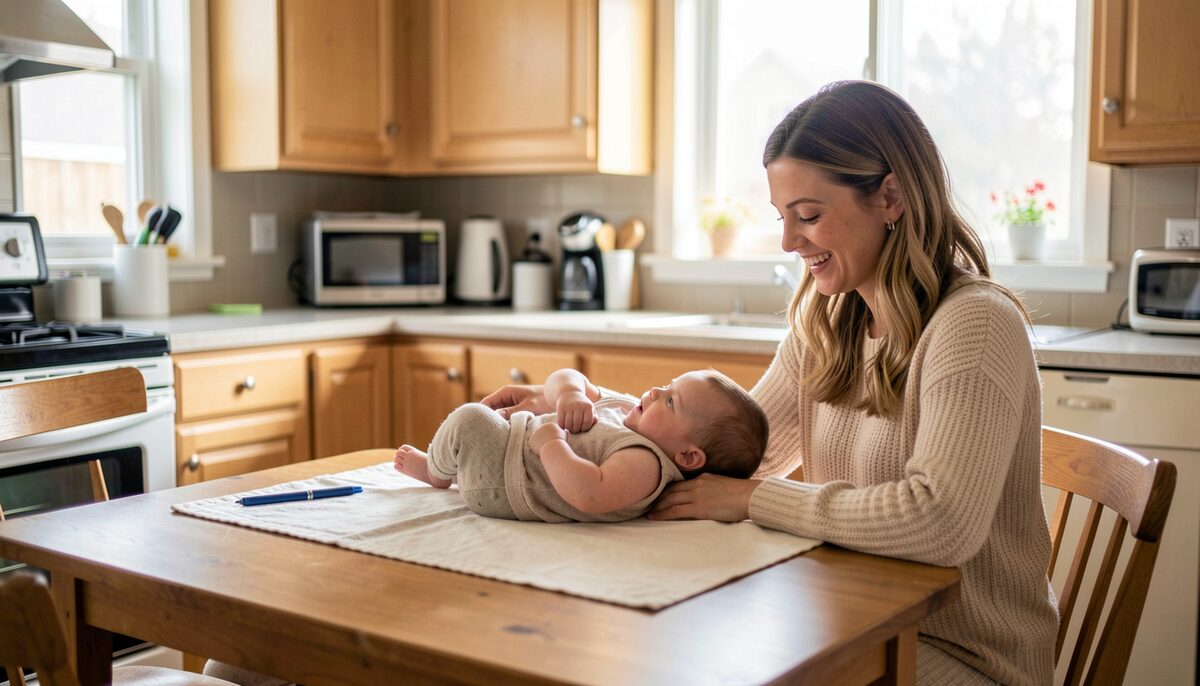 A home visitor sitting at a kitchen table playing with a baby while the mother smiles nearby.