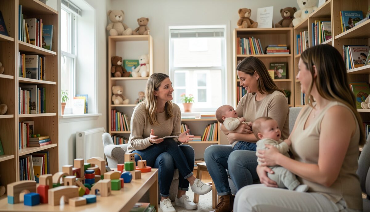 A community library play corner with wooden toys where a volunteer talks with two parents holding a baby.