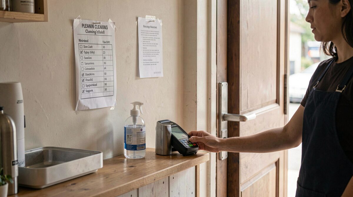 A small cafe counter in morning light, with a laminated cleaning checklist on the wall, a hand sanitiser bottle by the card terminal, and a staff member wiping a door handle; medium shot.