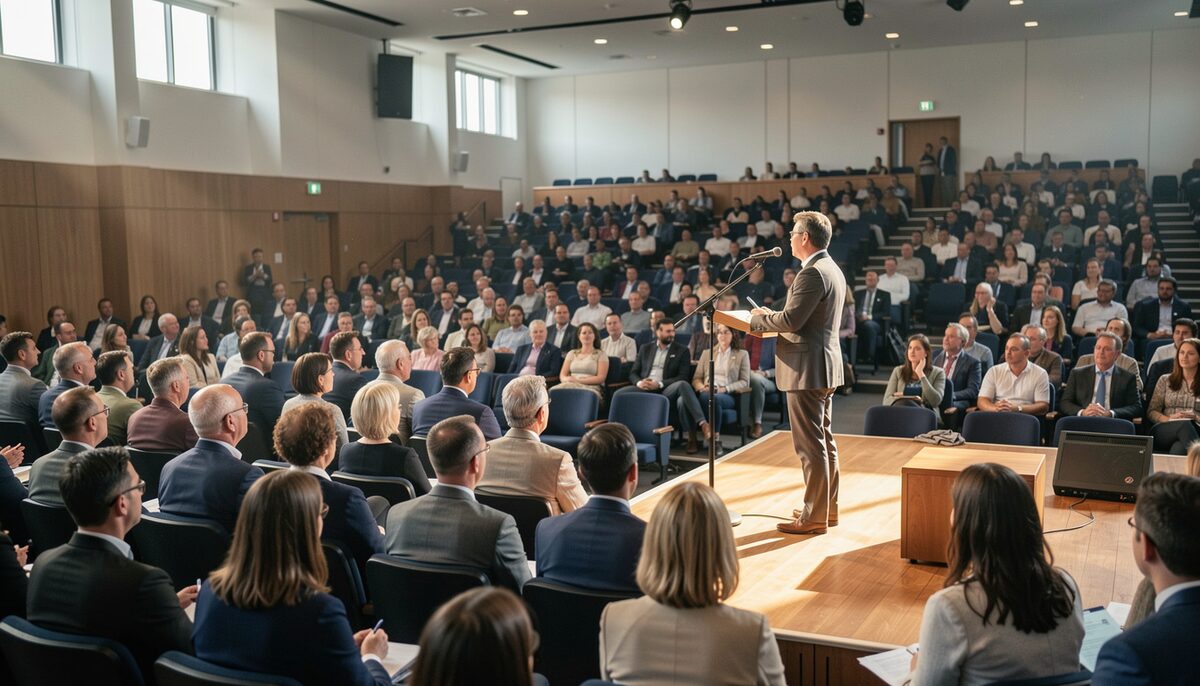 A crowded conference hall with attendees listening to a speaker on a wooden stage.