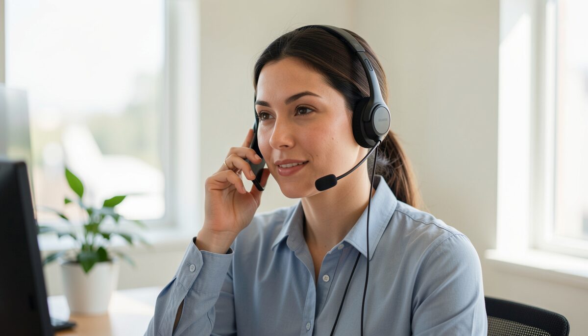 A helpline operator wearing a headset talking on the phone in a softly lit office.