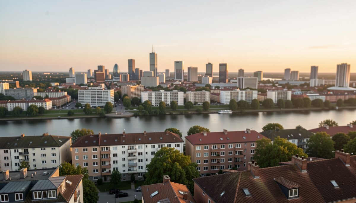 A city skyline at golden hour viewed over rooftops with a river and residential blocks below.
