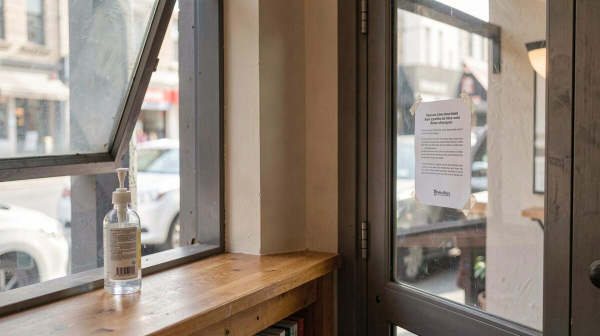 A small cafe interior in morning light, with a hand sanitizer bottle on the counter, a window slightly open for ventilation and a simple printed notice taped to the glass door.
