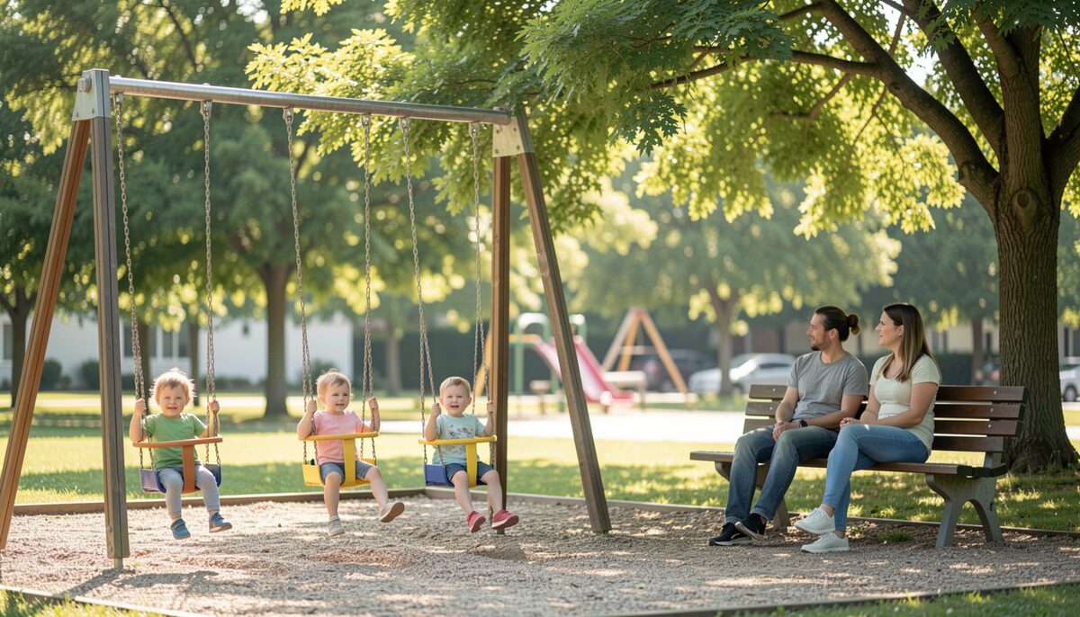 A sunny playground with toddlers on swings while parents talk on a bench under leafy trees.